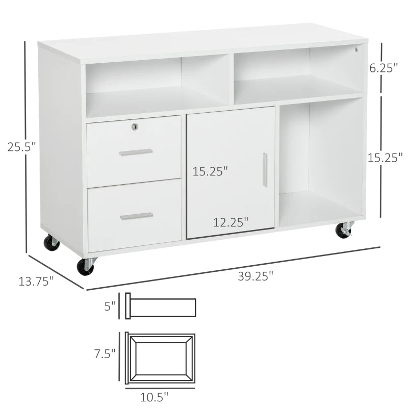 English Elm Mobile Rolling Storage Cabinet with Locking Drawers Open Shelves White Office Unit T3971P470279