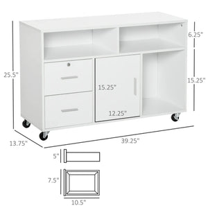 English Elm Mobile Rolling Storage Cabinet with Locking Drawers Open Shelves White Office Unit T3971P470279