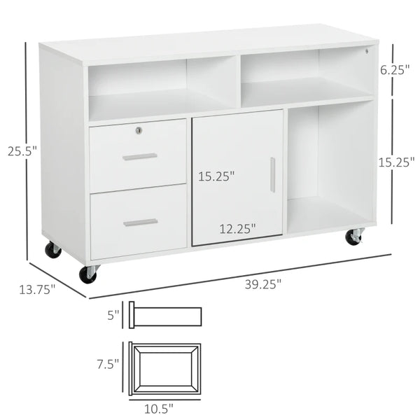 English Elm Mobile Rolling Storage Cabinet with Locking Drawers Open Shelves White Office Unit T3971P470279