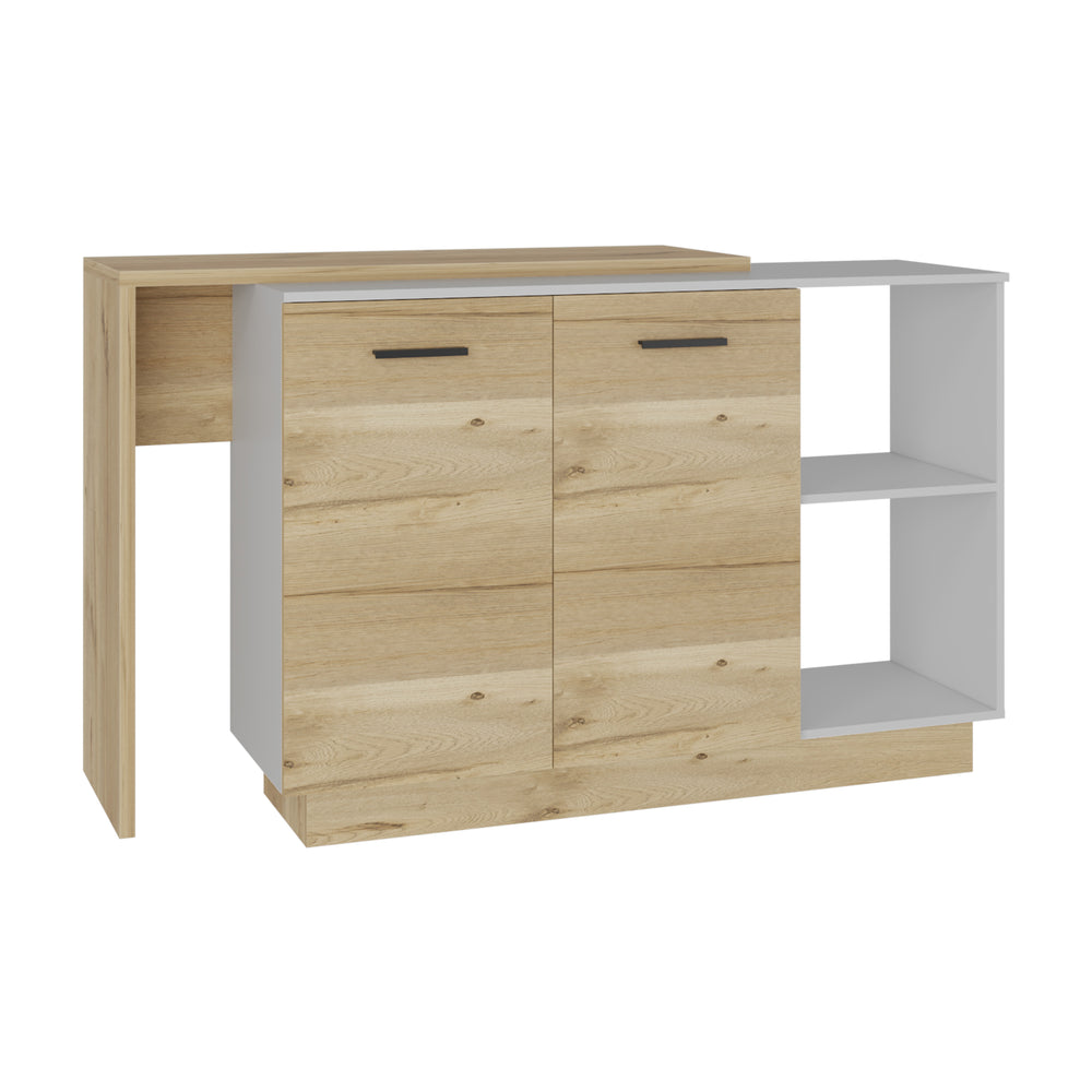 English Elm Kitchen Island With Double Door Cabinets, Two Open Shelves, Modern White & Light Oak Design Upgrade B097S00156