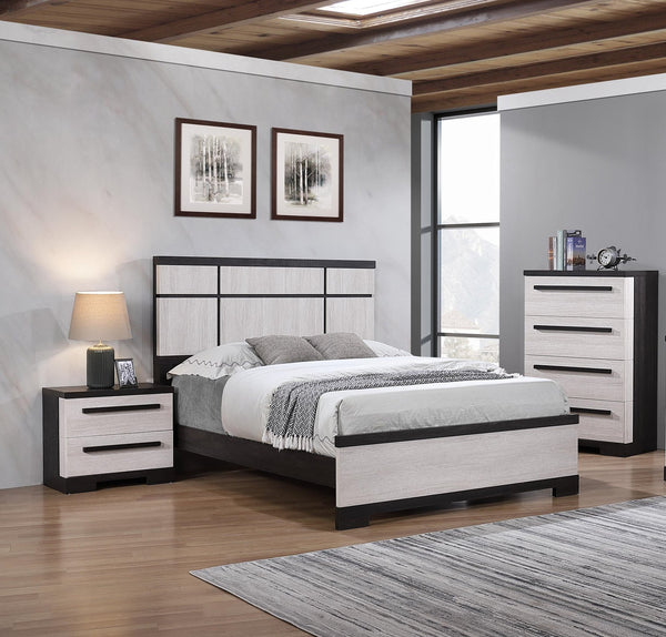 English Elm 1Pc Contemporary King Panel Bed With Geometric Headboard - Chalk Ebony Finish For Modern Decor B2741S00405