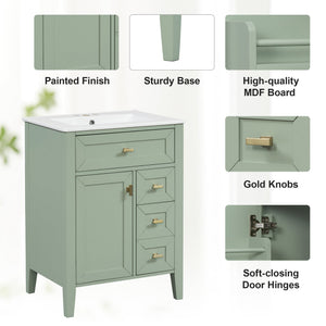 English Elm "24'' 24 Inch Glossy Freestanding Bathroom Vanity with Gold Hardware and Soft Close Storage Green Rubberwood N725P448529F