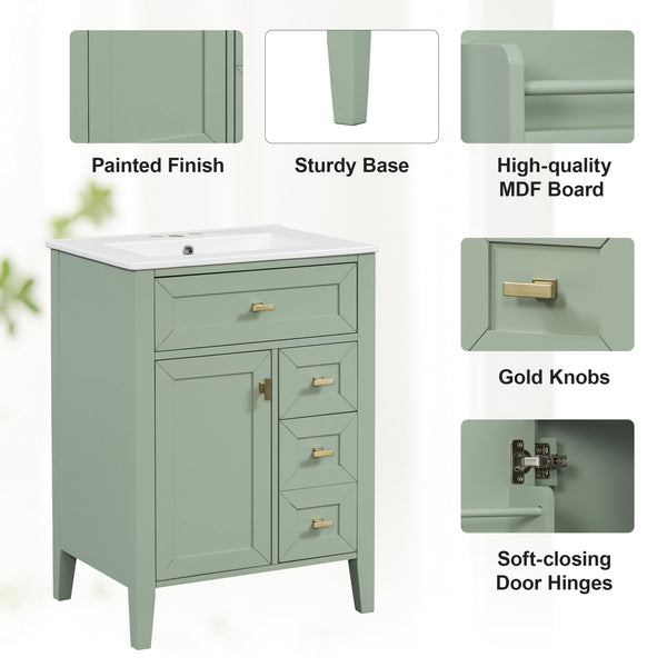 English Elm "24'' 24 Inch Glossy Freestanding Bathroom Vanity with Gold Hardware and Soft Close Storage Green Rubberwood N725P448529F