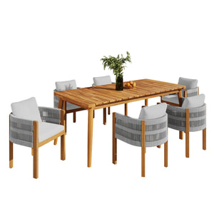 English Elm Christopher Knight Home® - Outdoor Dining Set with Acacia Wood Frame, 6 Chairs & Slatted 72" Table, Waterproof Washable Cushions Grey,Teak N779P266069N_N779P279983G-3