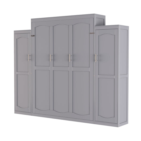 English Elm Queen Murphy Wall Bed Gray Pine Platform Frame with Dual Wardrobe Storage Shelves N733S339767E