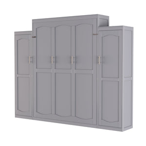 English Elm Queen Murphy Wall Bed Walnut Wooden Frame Dual Wardrobes Foldable Guest Room Storage N733S235627E