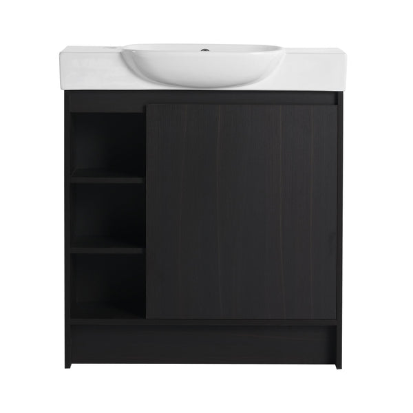 English Elm 30'' Freestanding vanity with white ceramic sink, soft-close doors, water-resistant melamine finish, modern handle design Dark Oak W999P310760