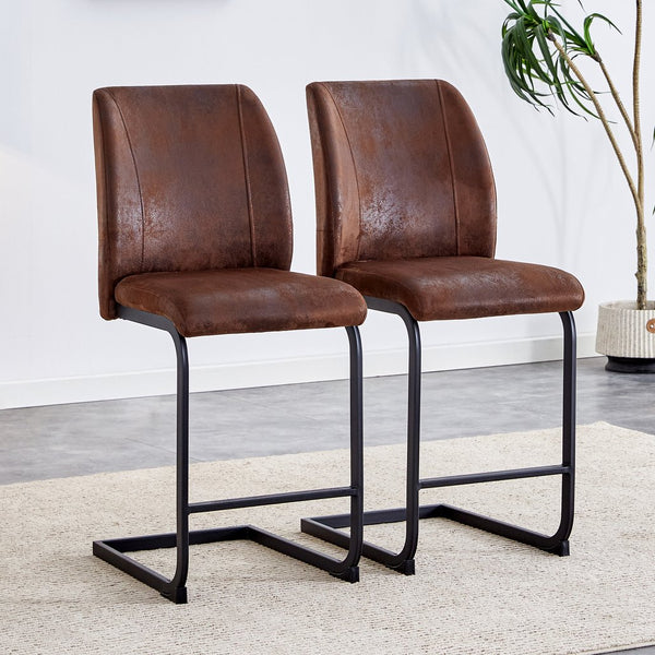 English Elm A set of two brown chairs with suede cushions and black metal legs, compact modern dining stools for cozy spaces W1151P144808