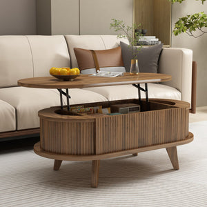 English Elm Fluted Oval Lift Top Coffee Table Walnut Wood Storage Mid Century Living Room W2641P449066