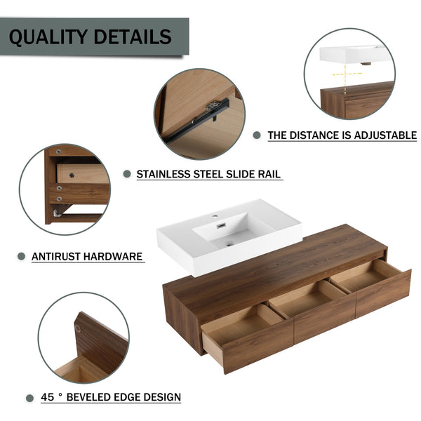 English Elm 60 Inch Wall-Mounted Bathroom Vanity Set With Resin Sink, Soft-Close Drawers, And Side Cabinet Space W999S00284