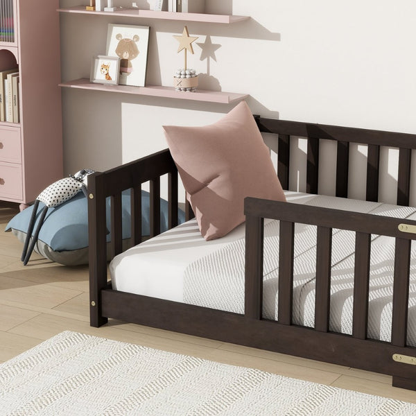English Elm Twin Size Floor Bed With Safety Guardrails, Eco-Friendly Rubberwood Frame For Kids' Room Comfort W504P286398-GIGA