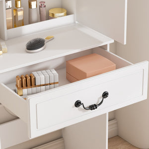English Elm Modern Mini Dressing Table LED Vanity with Adjustable 3-Mode Brightness, Hidden Storage & Stool (White) W2699P296516