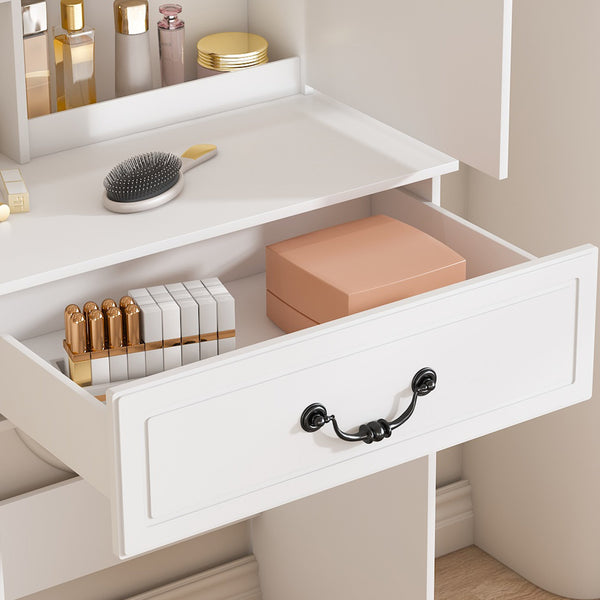 English Elm Modern Mini Dressing Table LED Vanity with Adjustable 3-Mode Brightness, Hidden Storage & Stool (White) W2699P296516