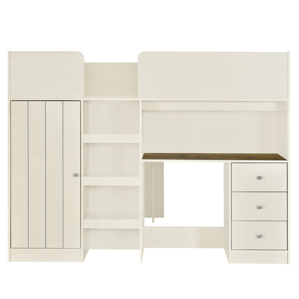 English Elm Wood Full Size Loft Bed with Built-In Wardrobe, Spacious Desk, Shelves and 3 Drawers for Storage Beige GX001819AAA