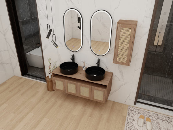 English Elm 48" Floating Bathroom Vanity Oak Finish Dual Ceramic Sinks Four Soft Close Doors W999S00499