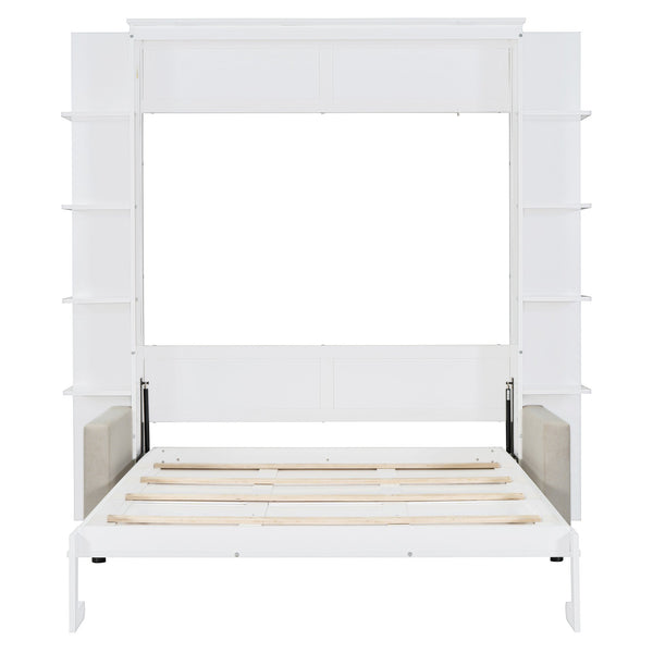 English Elm Queen Murphy Bed with Integrated Sofa Space Saving Fold Down Cabinet for Studio Living White LP000591AAK-2