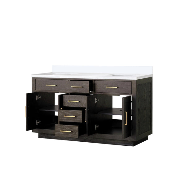 English Elm Brown Oak Double Bath Vanity 60" W X 22" D - Elegant White Quartz Top, Fully Assembled, Durable Design B2731P257732