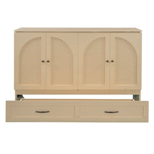 English Elm Queen Murphy Wall Bed with Usb Ports Storage Drawers and Cabinet Style Panel Front Gold N708S00010G-1