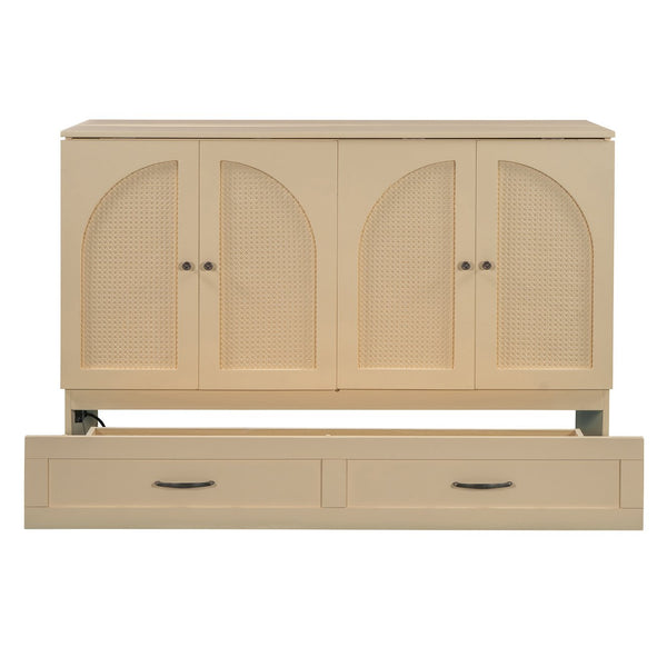 English Elm Queen Murphy Wall Bed with Usb Ports Storage Drawers and Cabinet Style Panel Front Gold N708S00010G-1
