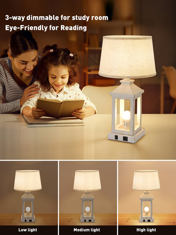 English Elm 20.5" Vintage Table Lamp Set of 2, White Gold Farmhouse Nightstand Lamps with Linen Shade, USB-C+A Ports and Soft Nightlight W2312P389976