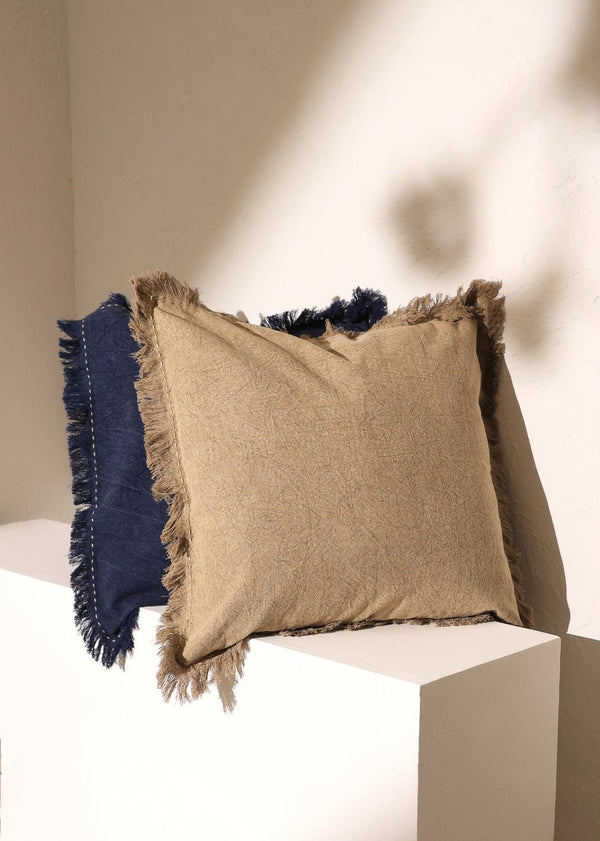 English Elm Stonewashed Linen Throw Pillow - Artisan Handworked Edges & Fringe, 22" X 22" - Boho Chic Accent B346P321243-GIGA