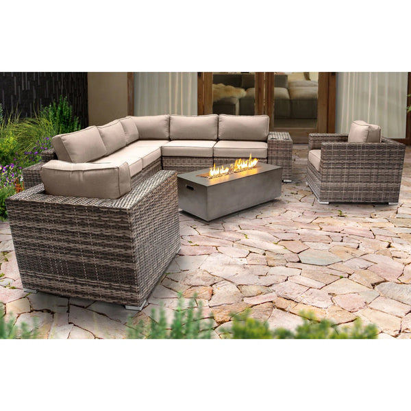 English Elm 6-Person Luxury Patio Seating Set with Concrete Fire Pit, HDPE Wicker, Plush Cushions, Turnkey Outdoor Retreat Grey B120S00105