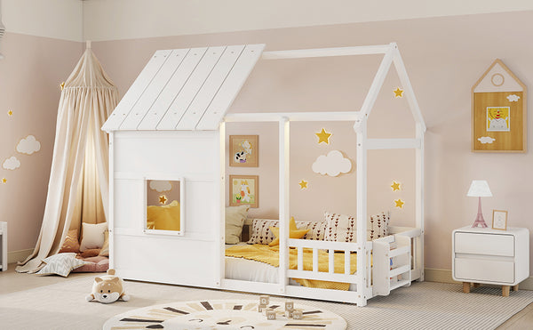 English Elm Twin House Frame Floor Bed Pinewood Build with Led Roofline Kids Bedroom White W697P435880