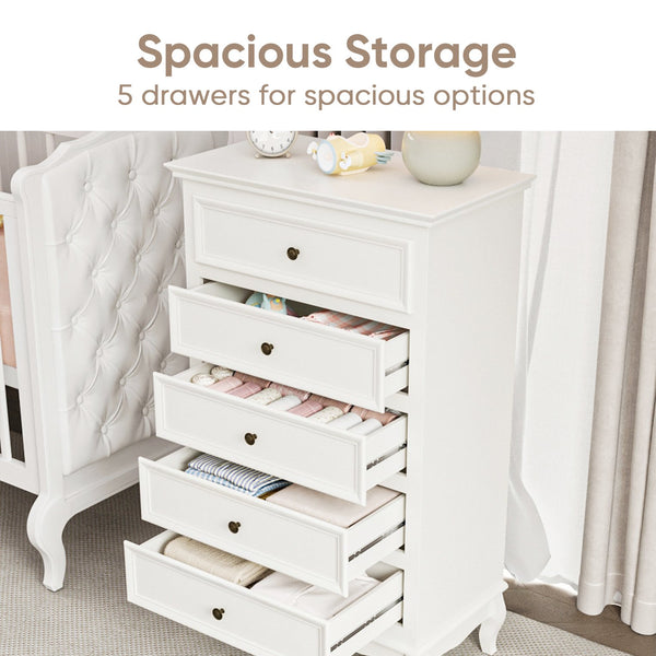 English Elm 5 Drawer Modern Dresser with Tapered Wood Legs Fluted Panels and Painted White Finish B082P232950