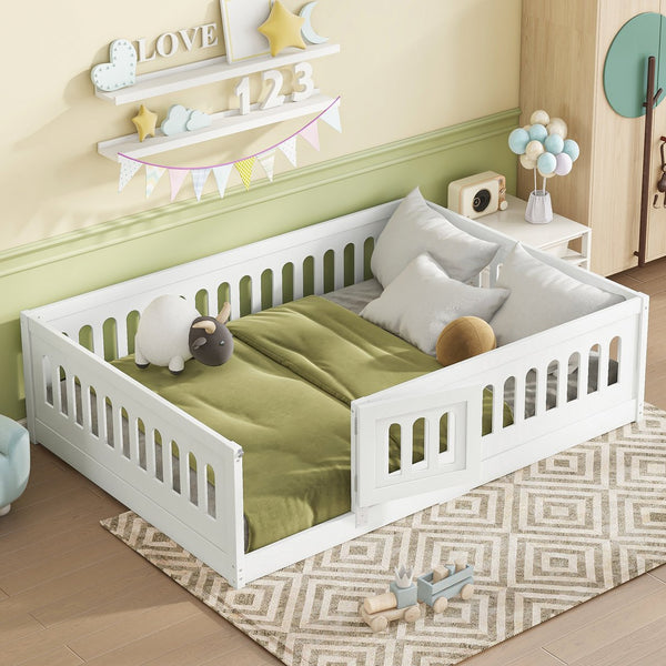 English Elm Full Size Floor Bed With Safety Guardrails And Built-In Door For Kids' Bedrooms And Playrooms W1820P240537
