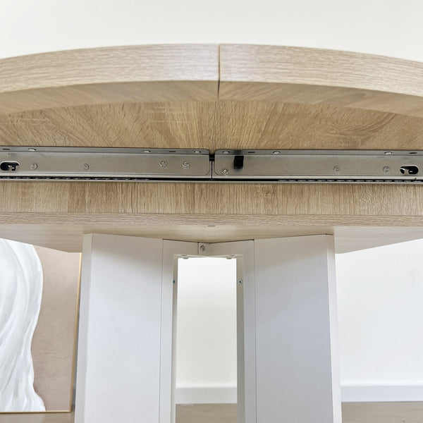 English Elm Dining Farmhouse Expandable Oval Table 59"x43" with Removable Leaf, X-Base, White Oak Finish, Seats 6 W1347P246823