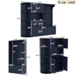 English Elm Multifunctional Modular Hall Tree Cabinet with Open Shelves and Hooks for Entryway Antique Blue W1580S00520
