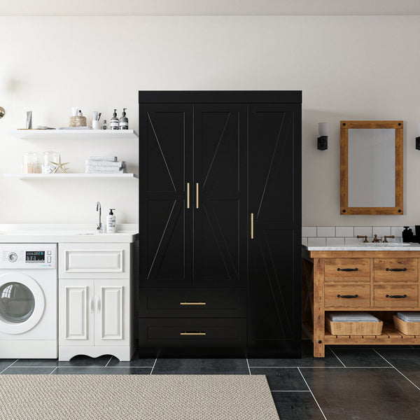 English Elm Shaker Three Door Wardrobe Armoire with Hanging Rod and Shelves for Bedroom Black T3210S00006
