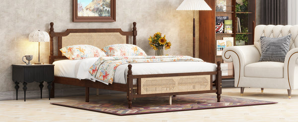 English Elm Queen Pine Bed with Rattan Headboard & Footboard, Walnut Finish, Space-Saving Central Platform Design W504P269833