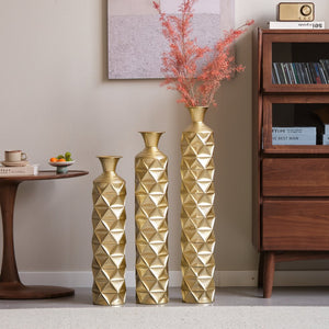 English Elm Metal Antique Gold Decorative Vase Set Of 3 - Modern Geometric Design With 3D Triangle Pattern W2796P193603