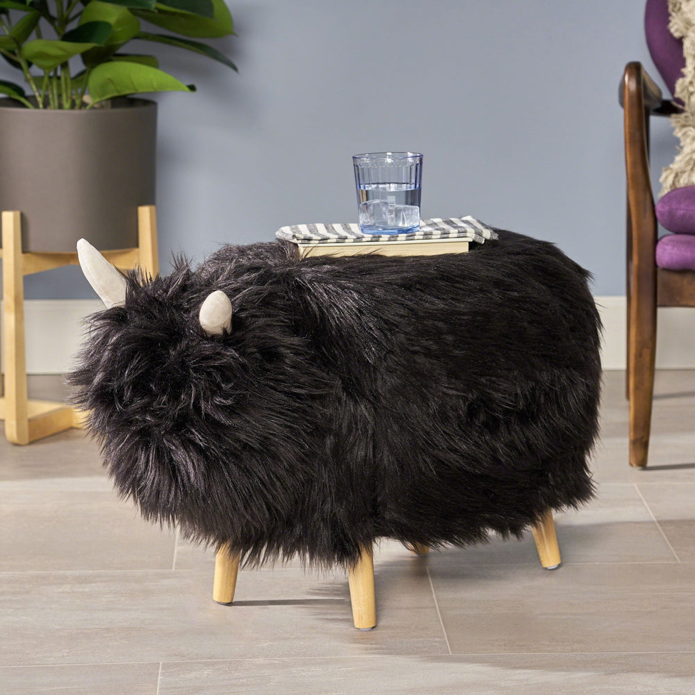 Christopher Knight Home® - Noble House - - Adorable Upholstered Black Yak Ottoman, Cute Wood Foot Stool Shoes Changing Seat With Cushioned For Adult Living Room, Bedroom, Nursery Gameroom, Playroom, Porch Furniture