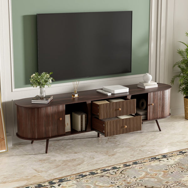 English Elm 70 Inch Mid Century Media Console with Tambour Doors Fluted Drawers and Wood Legs N710P419840P