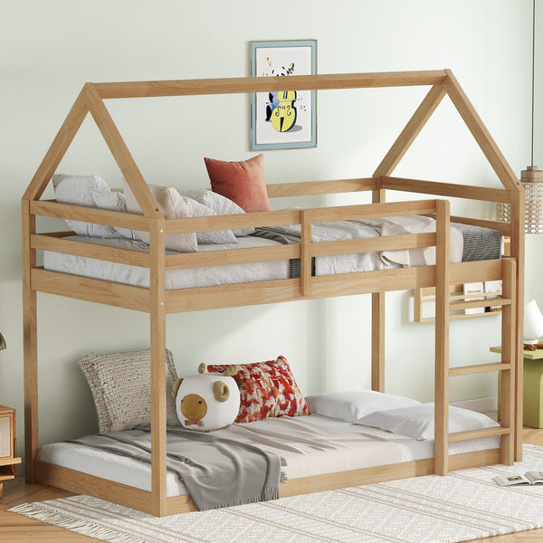 English Elm Twin Rubber Wood Floor Bunk Bed House-Shaped Design with Ladder Guardrails Sturdy Low-Profile Retreat White+Oak W504P206866