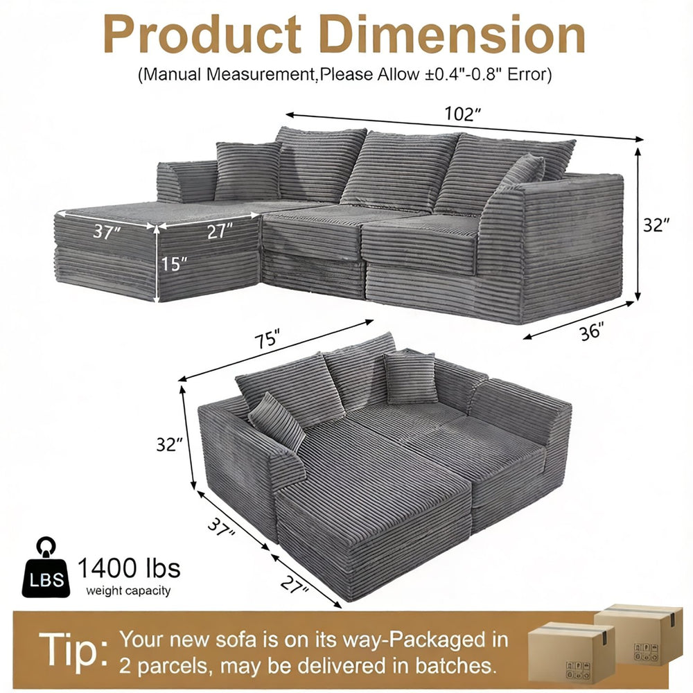 English Elm 102" Modular Cloud Sectional Corduroy Sofa with Reversible Chaise for Living Room Grey W5638S00004