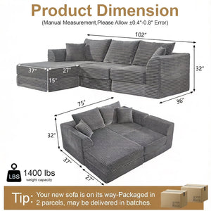 English Elm 102" Modular Cloud Sectional Corduroy Sofa with Reversible Chaise for Living Room Grey W5638S00004