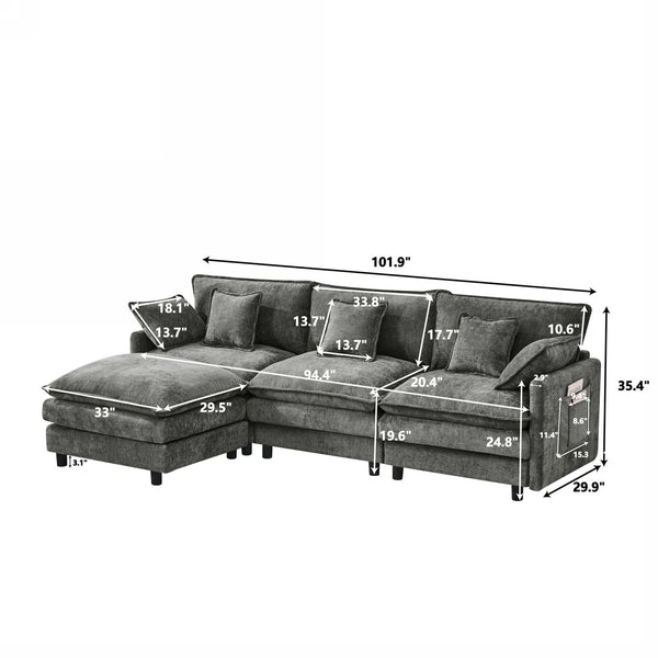English Elm 101.9-inch Chenille Modular Sofa with Movable Footstool for Living Room Comfort W288S00033