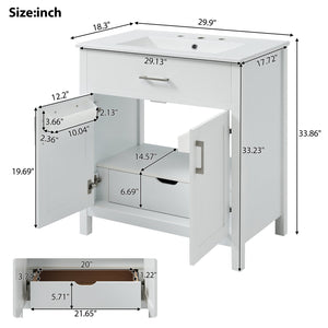 English Elm 30-Inch Bathroom Vanity With Ceramic Sink And Storage - Ideal For Space-Saving Small Bathrooms! WF530809AAK