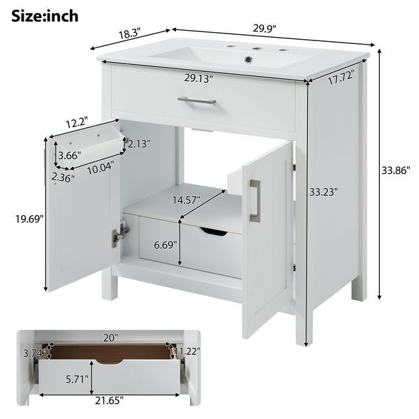 English Elm 30-Inch Bathroom Vanity With Ceramic Sink And Storage - Ideal For Space-Saving Small Bathrooms! WF530809AAK