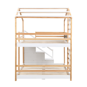 English Elm Twin Over Solid Pine House Bunk Bed with Blackboard Storage Staircase W495S00013