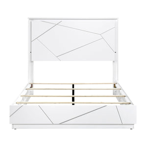 English Elm Glamorous White Lacquer California King Bed with Led Headboard and Geometric Accents B011S02214