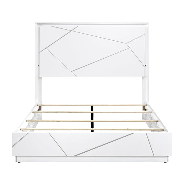 English Elm Glamorous White Lacquer California King Bed with Led Headboard and Geometric Accents B011S02214
