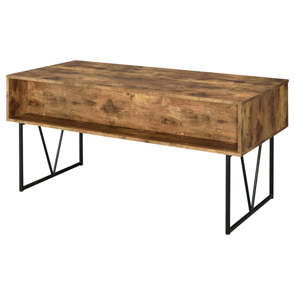 English Elm 1pc Rustic Industrial 63-inch 4-Drawer Writing Desk with Open Shelf, Wood Grain Top and Black Metal Legs Nutmeg Brown 74.21 L x 32.28 W x 6.5 H B011P362072