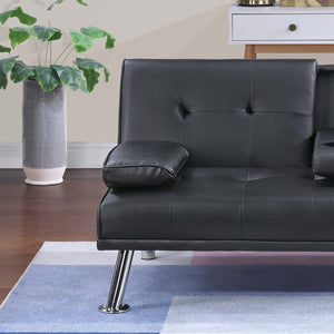 English Elm Black Faux Leather Adjustable Sofa With Fold-Down Table & Cup Holders - Stylish Sleep & Lounge Solution B011P381496