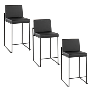 English Elm Fuji 26" Modern High Back Counter Stool Set Of 3 In Black Steel & Faux Leather For Stylish Dining B202P221975