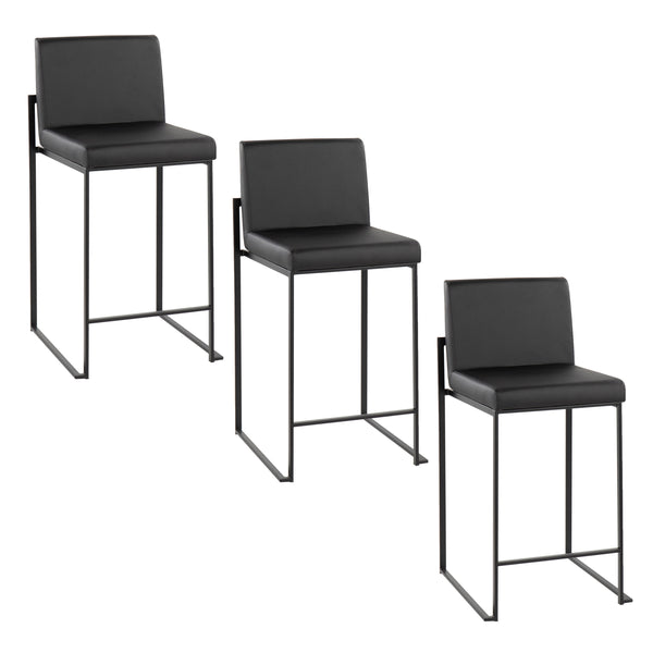 English Elm Fuji 26" Modern High Back Counter Stool Set Of 3 In Black Steel & Faux Leather For Stylish Dining B202P221975