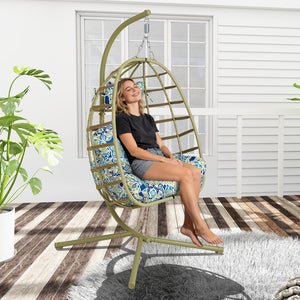 English Elm Egg Hanging Chair with Stand Pe Rattan Swing Seat Washable Cushion 350lb Capacity T5880P497438